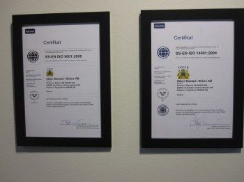 Certifikat för ISO 9001:2008 och 14001:2004